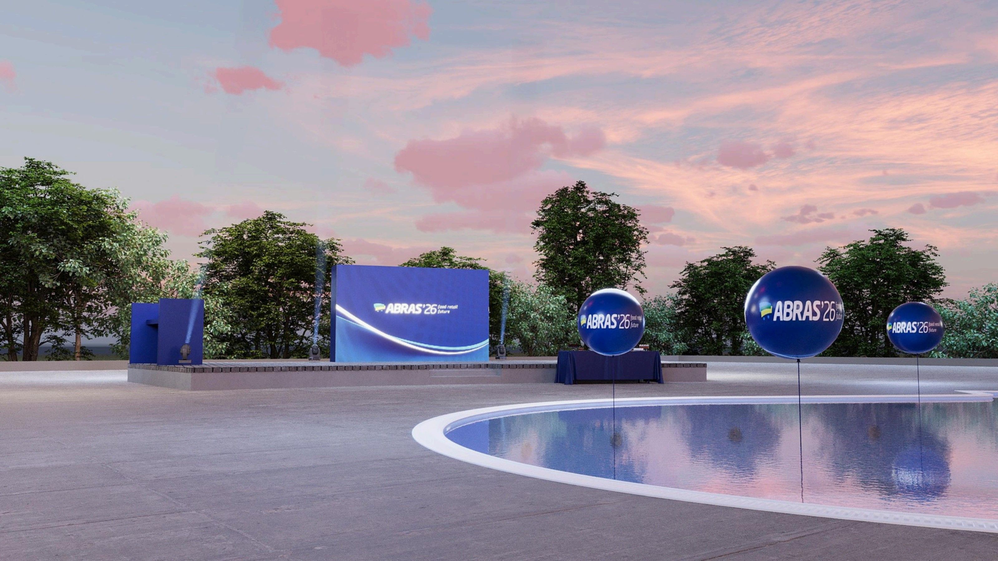 Coquetel Share of Connection — painel de LED e mesas ao redor da piscina